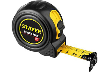 Рулетка STAYER BLACKMAX 8м/25мм в ударостойком обрезиненном корпусе и 2-мя фиксаторами