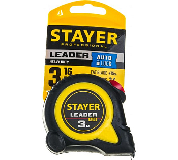 Рулетка STAYER LEADER 3м/16мм с автостопом в ударостойком обрезиненном корпусе